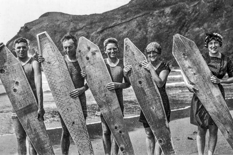 Early surfers at Agate Beach, image provided by Lincoln County Historical Society